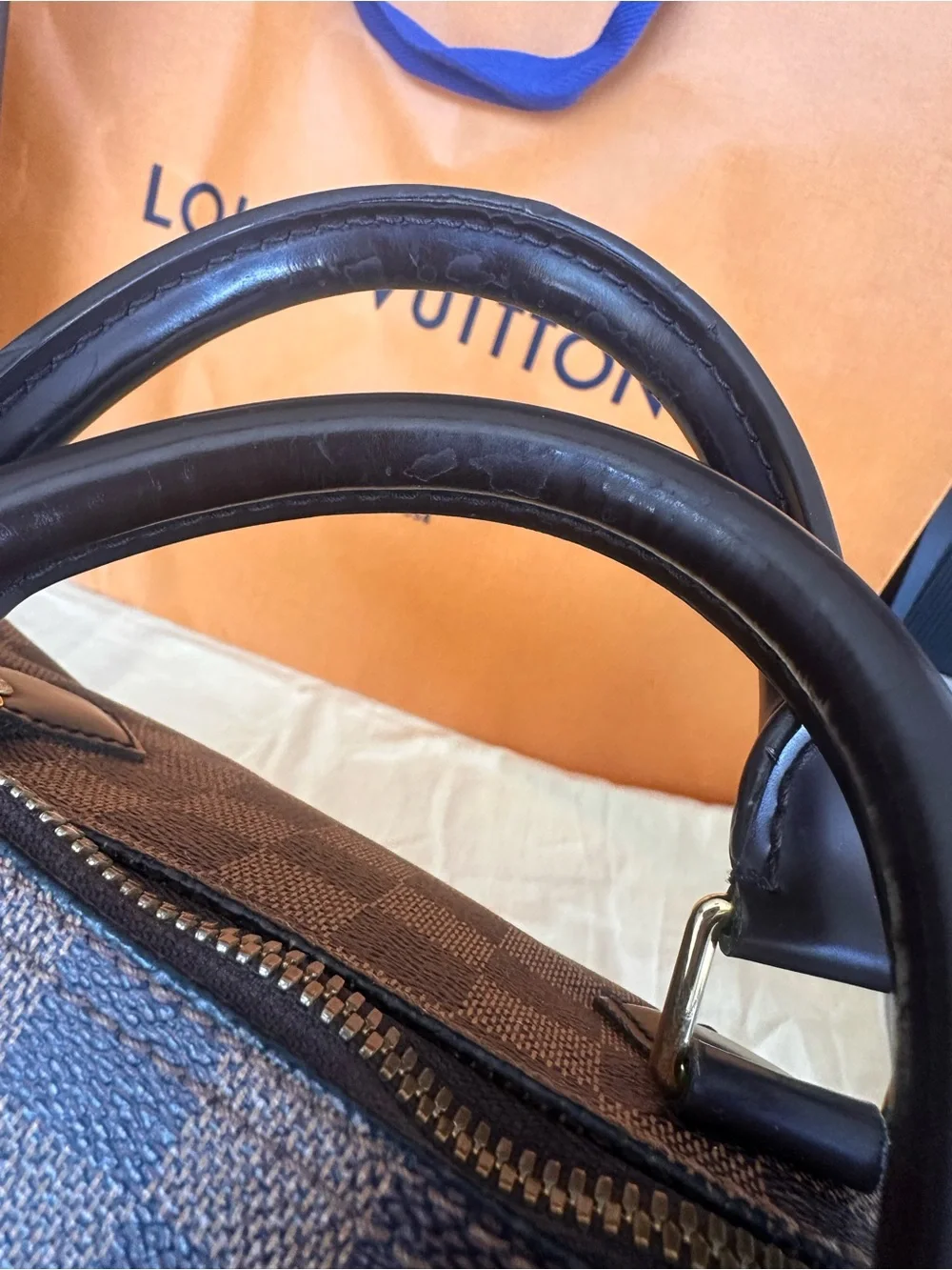 Louis Vuitton Damier Ebene Satchel in Brown with Gold Hardware